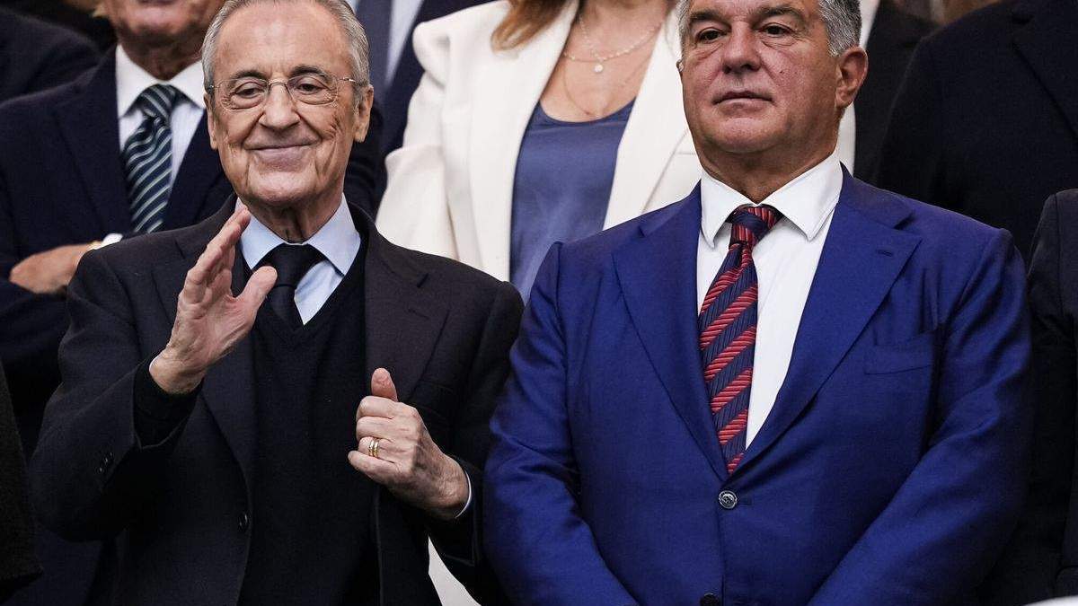 Florentino Pérez y Joan Laporta en el palco del Real Madrid.