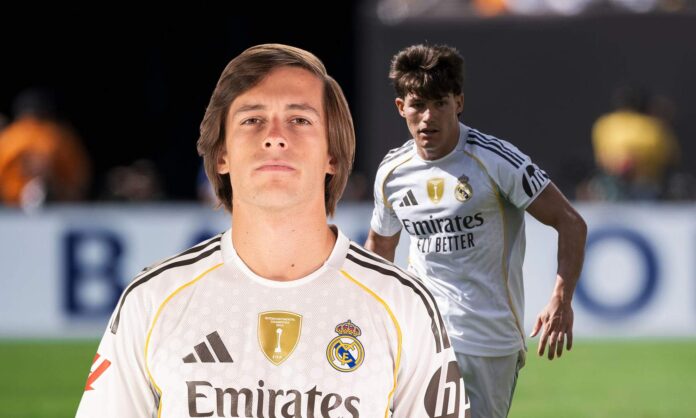 Álvaro Carreras y una foto de Fran García jugando con el Real Madrid.